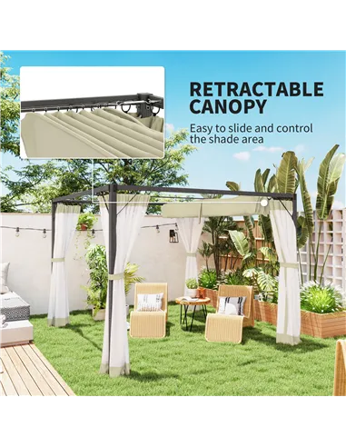 Outsunny 3 x 3m Aluminium Frame Pergola, with Retractable Roof - Khaki