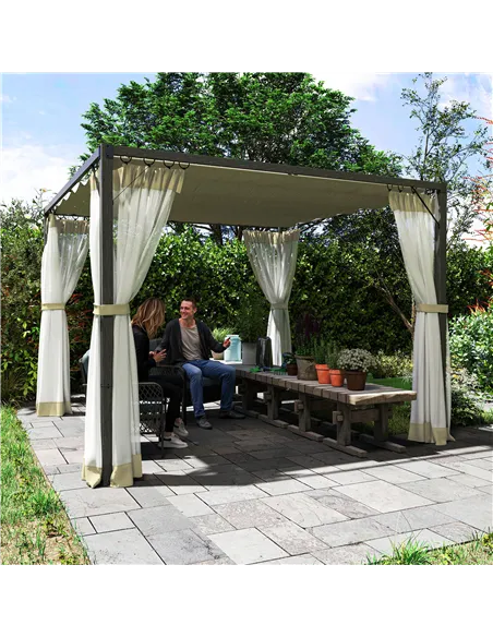 Outsunny 3 x 3m Aluminium Frame Pergola, with Retractable Roof - Khaki