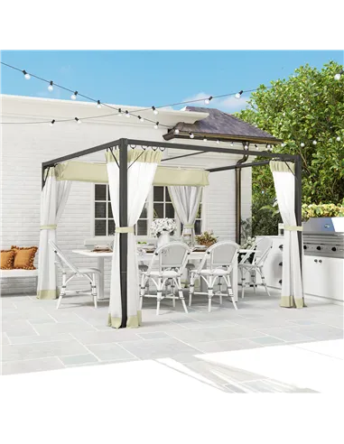 Outsunny 3 x 3m Aluminium Frame Pergola, with Retractable Roof - Khaki
