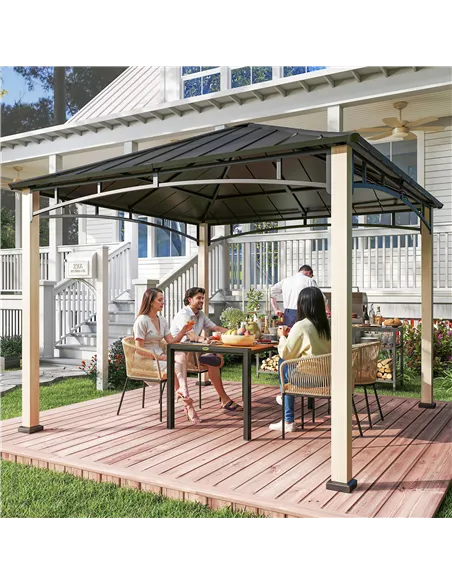 Outsunny 3 x 3 m Decorative Metal Gazebo - Black/Wood-Effect