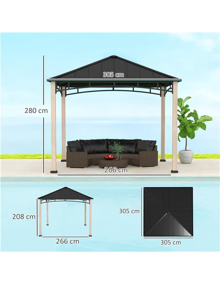 Outsunny 3 x 3 m Decorative Metal Gazebo - Black/Wood-Effect
