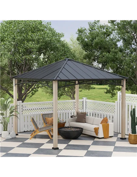 Outsunny 3 x 3 m Decorative Metal Gazebo - Black/Wood-Effect