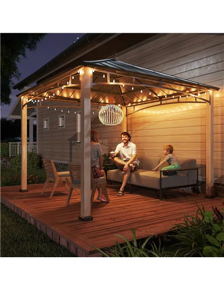 Outsunny 3 x 3 m Decorative Metal Gazebo - Black/Wood-Effect