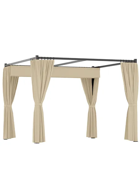 Outsunny 3 x 3m Retractable Roof Pergola, with Curtains - Khaki