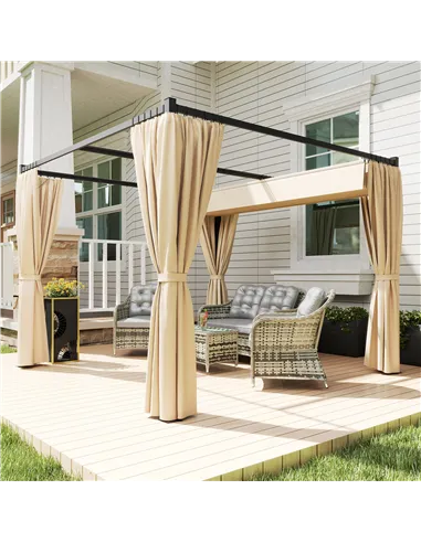 Outsunny 3 x 3m Retractable Roof Pergola, with Curtains - Khaki