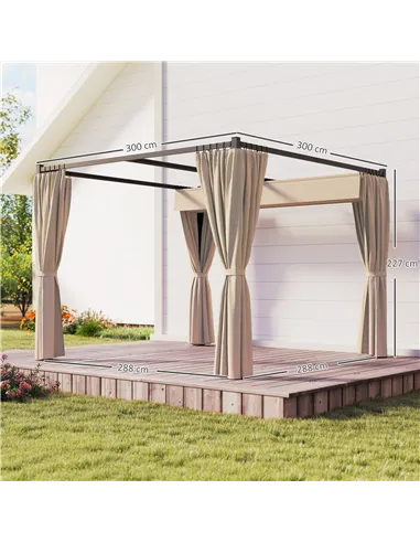 Outsunny 3 x 3m Retractable Roof Pergola, with Curtains - Khaki