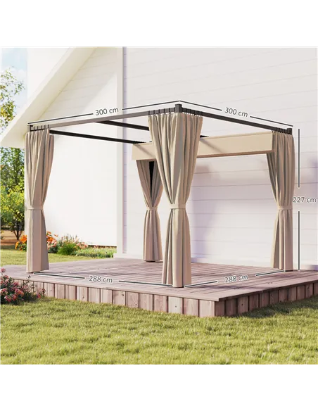 Outsunny 3 x 3m Retractable Roof Pergola, with Curtains - Khaki