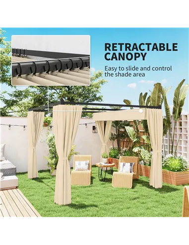 Outsunny 3 x 3m Retractable Roof Pergola, with Curtains - Khaki