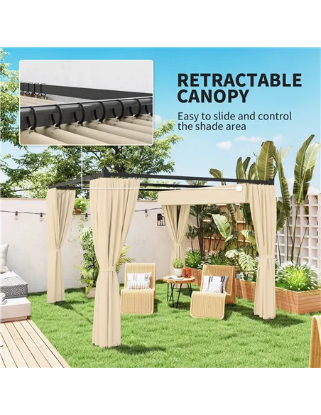 Outsunny 3 x 3m Retractable Roof Pergola, with Curtains - Khaki