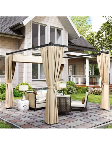 Outsunny 3 x 3m Retractable Roof Pergola, with Curtains - Khaki