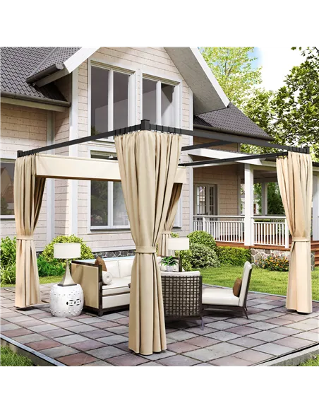 Outsunny 3 x 3m Retractable Roof Pergola, with Curtains - Khaki