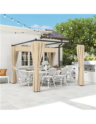 Outsunny 3 x 3m Retractable Roof Pergola, with Curtains - Khaki