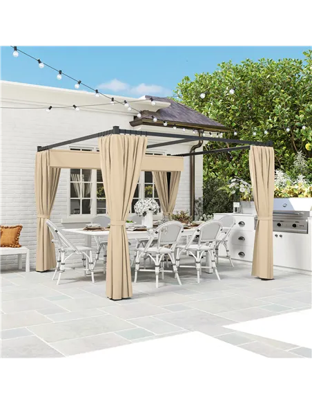 Outsunny 3 x 3m Retractable Roof Pergola, with Curtains - Khaki