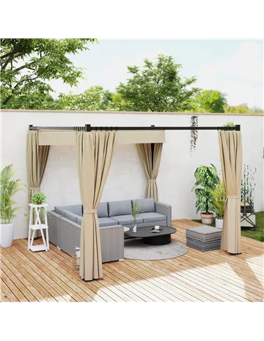 Outsunny 3 x 3m Retractable Roof Pergola, with Curtains - Khaki