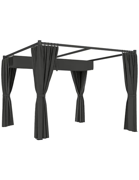 Outsunny 3 x 3(m) Retractable Pergola, Garden Gazebo Shelter with Curtains, for Grill, Patio, Deck, Charcoal Grey