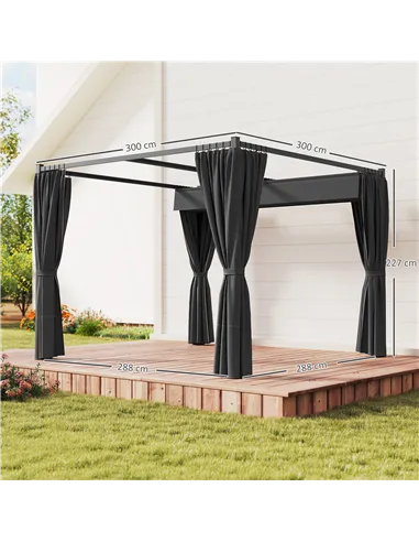 Outsunny 3 x 3(m) Retractable Pergola, Garden Gazebo Shelter with Curtains, for Grill, Patio, Deck, Charcoal Grey