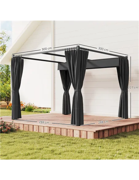 Outsunny 3 x 3(m) Retractable Pergola, Garden Gazebo Shelter with Curtains, for Grill, Patio, Deck, Charcoal Grey