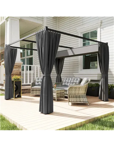 Outsunny 3 x 3(m) Retractable Pergola, Garden Gazebo Shelter with Curtains, for Grill, Patio, Deck, Charcoal Grey