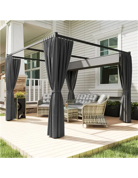 Outsunny 3 x 3(m) Retractable Pergola, Garden Gazebo Shelter with Curtains, for Grill, Patio, Deck, Charcoal Grey
