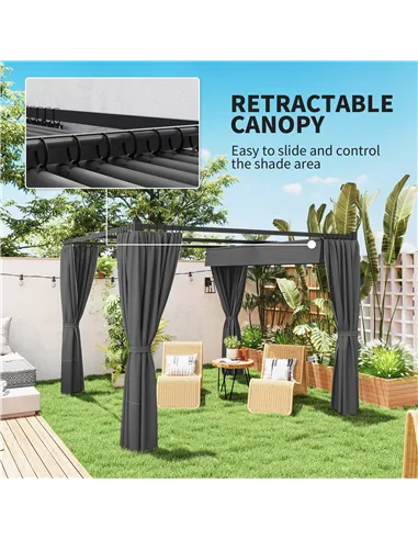 Outsunny 3 x 3(m) Retractable Pergola, Garden Gazebo Shelter with Curtains, for Grill, Patio, Deck, Charcoal Grey