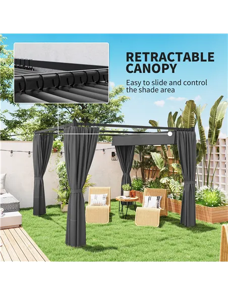 Outsunny 3 x 3(m) Retractable Pergola, Garden Gazebo Shelter with Curtains, for Grill, Patio, Deck, Charcoal Grey