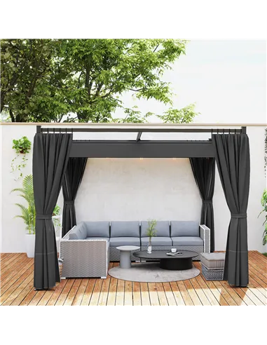 Outsunny 3 x 3(m) Retractable Pergola, Garden Gazebo Shelter with Curtains, for Grill, Patio, Deck, Charcoal Grey