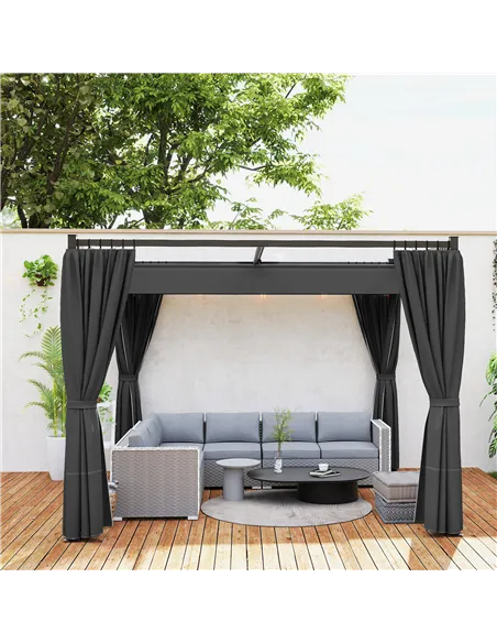 Outsunny 3 x 3(m) Retractable Pergola, Garden Gazebo Shelter with Curtains, for Grill, Patio, Deck, Charcoal Grey