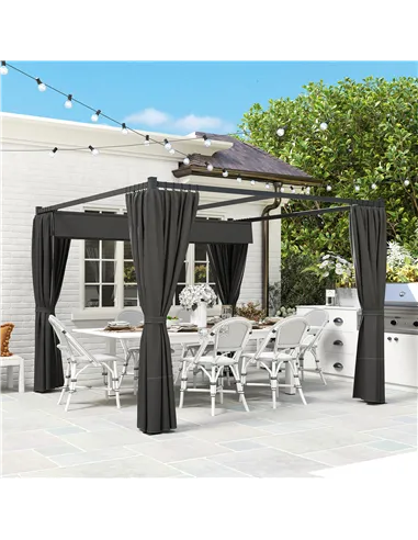 Outsunny 3 x 3(m) Retractable Pergola, Garden Gazebo Shelter with Curtains, for Grill, Patio, Deck, Charcoal Grey