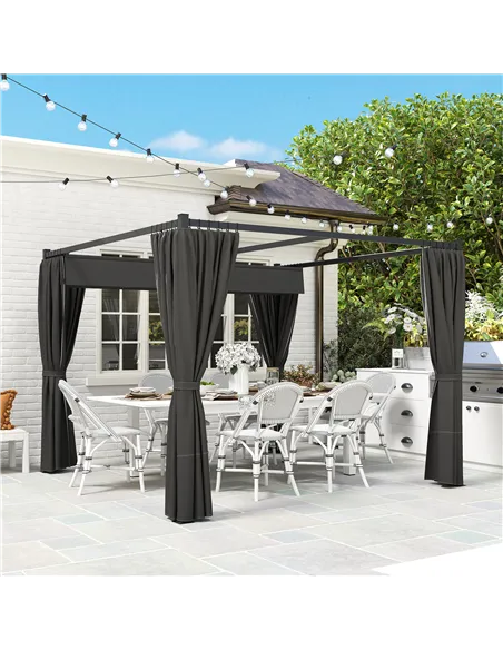 Outsunny 3 x 3(m) Retractable Pergola, Garden Gazebo Shelter with Curtains, for Grill, Patio, Deck, Charcoal Grey
