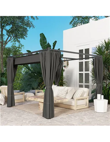 Outsunny 3 x 3(m) Retractable Pergola, Garden Gazebo Shelter with Curtains, for Grill, Patio, Deck, Charcoal Grey