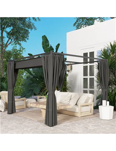 Outsunny 3 x 3(m) Retractable Pergola, Garden Gazebo Shelter with Curtains, for Grill, Patio, Deck, Charcoal Grey
