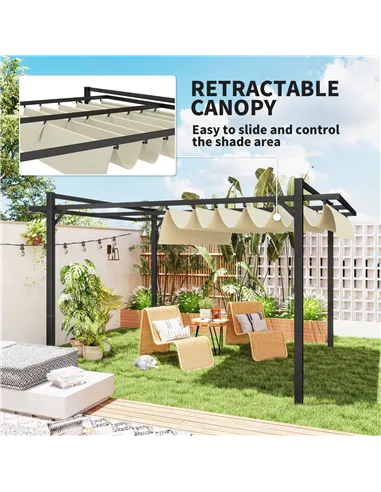 Outsunny 3 x 4m Aluminium Pergola, with Retractable Roof - Grey/Khaki