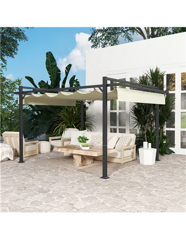 Outsunny 3 x 4m Aluminium Pergola, with Retractable Roof - Grey/Khaki