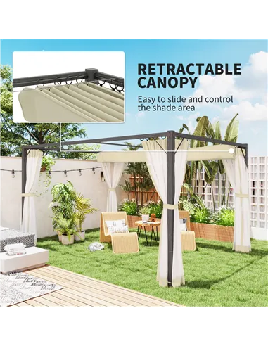 Outsunny 3 x 4m Aluminium Frame Pergola, with Retractable Roof - Khaki