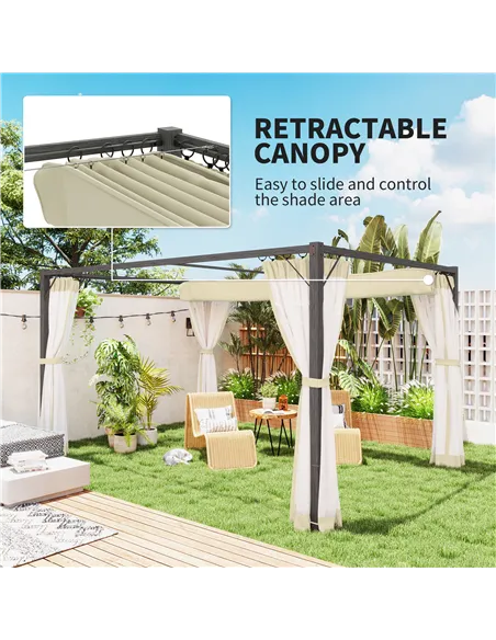 Outsunny 3 x 4m Aluminium Frame Pergola, with Retractable Roof - Khaki