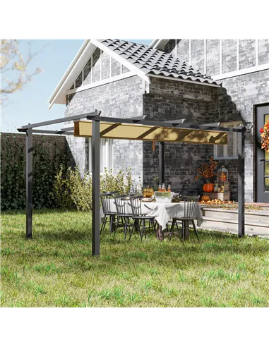 Outsunny 3 x 4m Aluminium Pergola, with Retractable Roof - Khaki