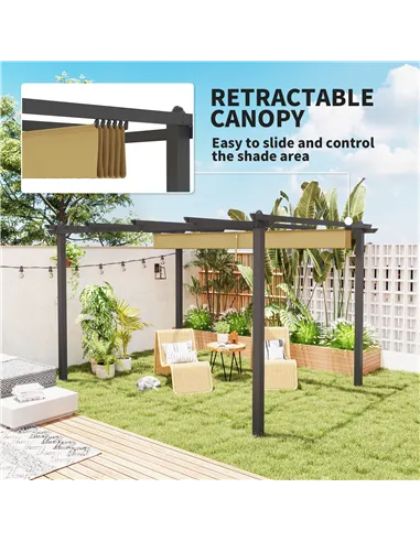 Outsunny 3 x 4m Aluminium Pergola, with Retractable Roof - Khaki