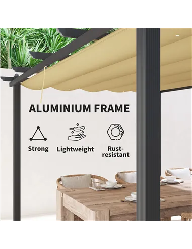 Outsunny 3 x 4m Aluminium Pergola, with Retractable Roof - Khaki