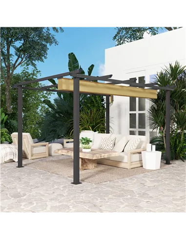 Outsunny 3 x 4m Aluminium Pergola, with Retractable Roof - Khaki