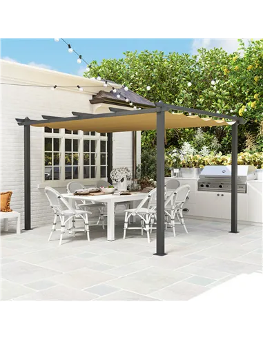 Outsunny 3 x 4m Aluminium Pergola, with Retractable Roof - Khaki
