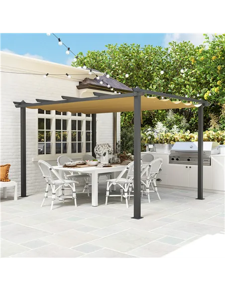 Outsunny 3 x 4m Aluminium Pergola, with Retractable Roof - Khaki