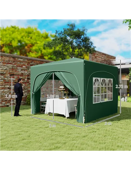 Outsunny 3 x 3m Pop-Up Gazebo Shelter, with Accessories - Dark Green