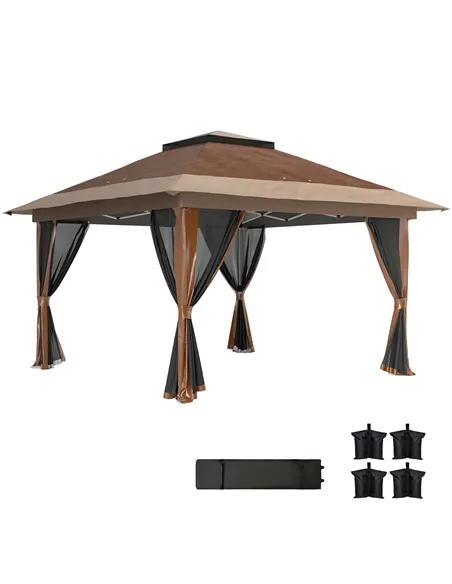 Outsunny 3.6 x 3.6m Pop-Up Gazebo, with Accessories - Brown