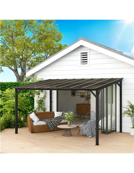 Outsunny 3 x 4.3m Metal Pergola with UPF 50+ and Waterproof Polycarbonate Roof, Wall-Mounted or Free Standing Garden Gazebo, Win