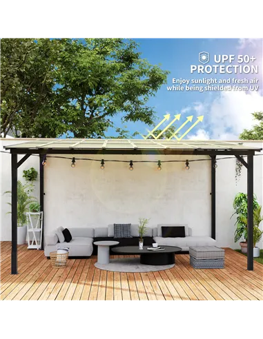 Outsunny 3 x 4.3m Metal Pergola with UPF 50+ and Waterproof Polycarbonate Roof, Wall-Mounted or Free Standing Garden Gazebo, Win