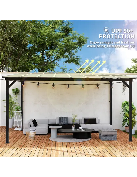 Outsunny 3 x 4.3m Metal Pergola with UPF 50+ and Waterproof Polycarbonate Roof, Wall-Mounted or Free Standing Garden Gazebo, Win
