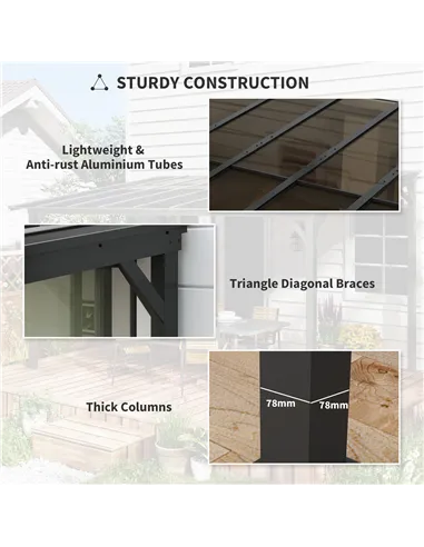 Outsunny 3 x 4.3m Metal Pergola with UPF 50+ and Waterproof Polycarbonate Roof, Wall-Mounted or Free Standing Garden Gazebo, Win