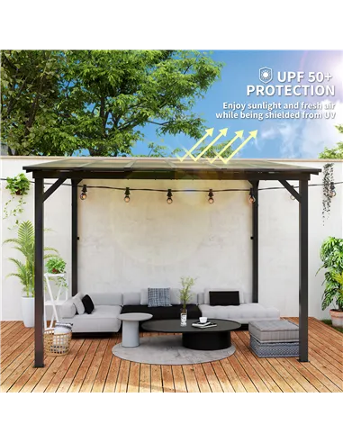Outsunny 3 x 3(m) Metal Pergola with UPF 50+ and Waterproof Polycarbonate Roof, Wall-Mounted or Free Standing Garden Gazebo, Win