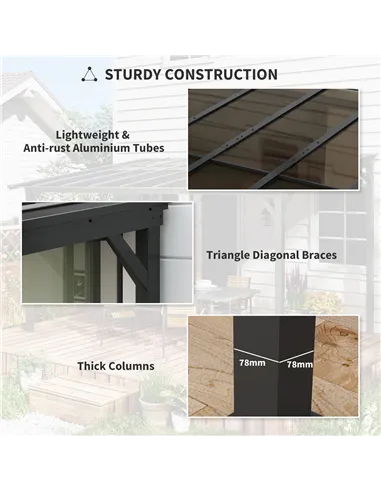 Outsunny 3 x 3(m) Metal Pergola with UPF 50+ and Waterproof Polycarbonate Roof, Wall-Mounted or Free Standing Garden Gazebo, Win