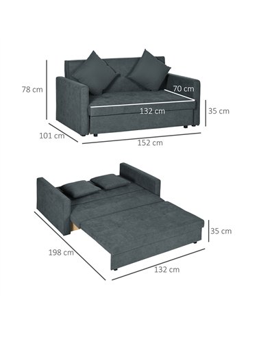 HOMCOM 2 Seater Sofa Bed, Convertible Bed Settee, Modern Velvet Loveseat Sofa Couch with 2 Cushions, Hidden Storage for Living R